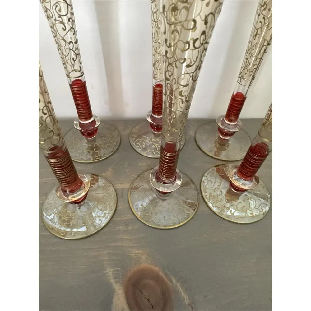 Pier 1 Rioja Hand Blown Champagne Flutes Ruby Red Stem Gold Scroll Set Of 6 Rare